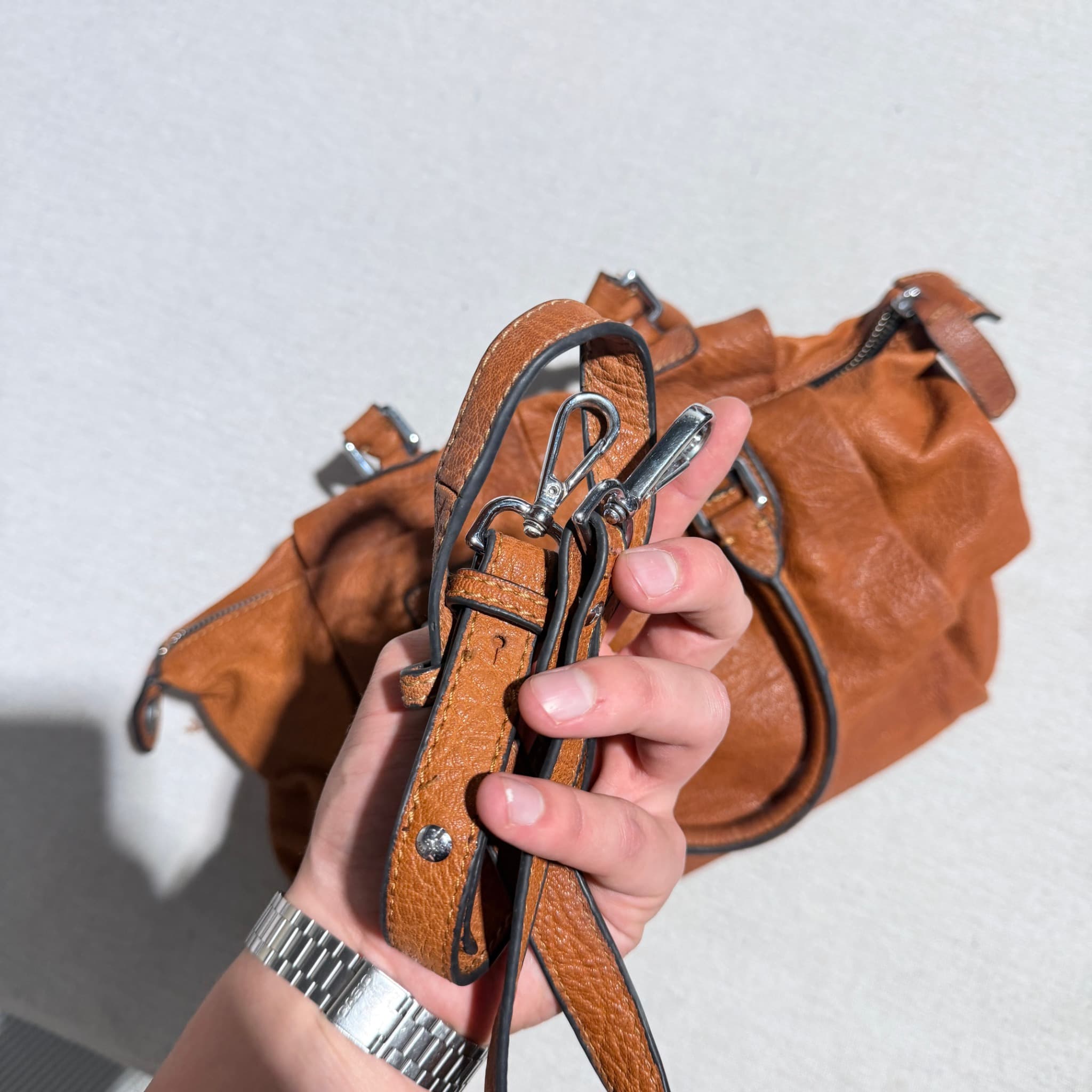 Unbranded Tan Pebbled Leather Satchel Handbag With Shoulder Strap — photo 5 of 7