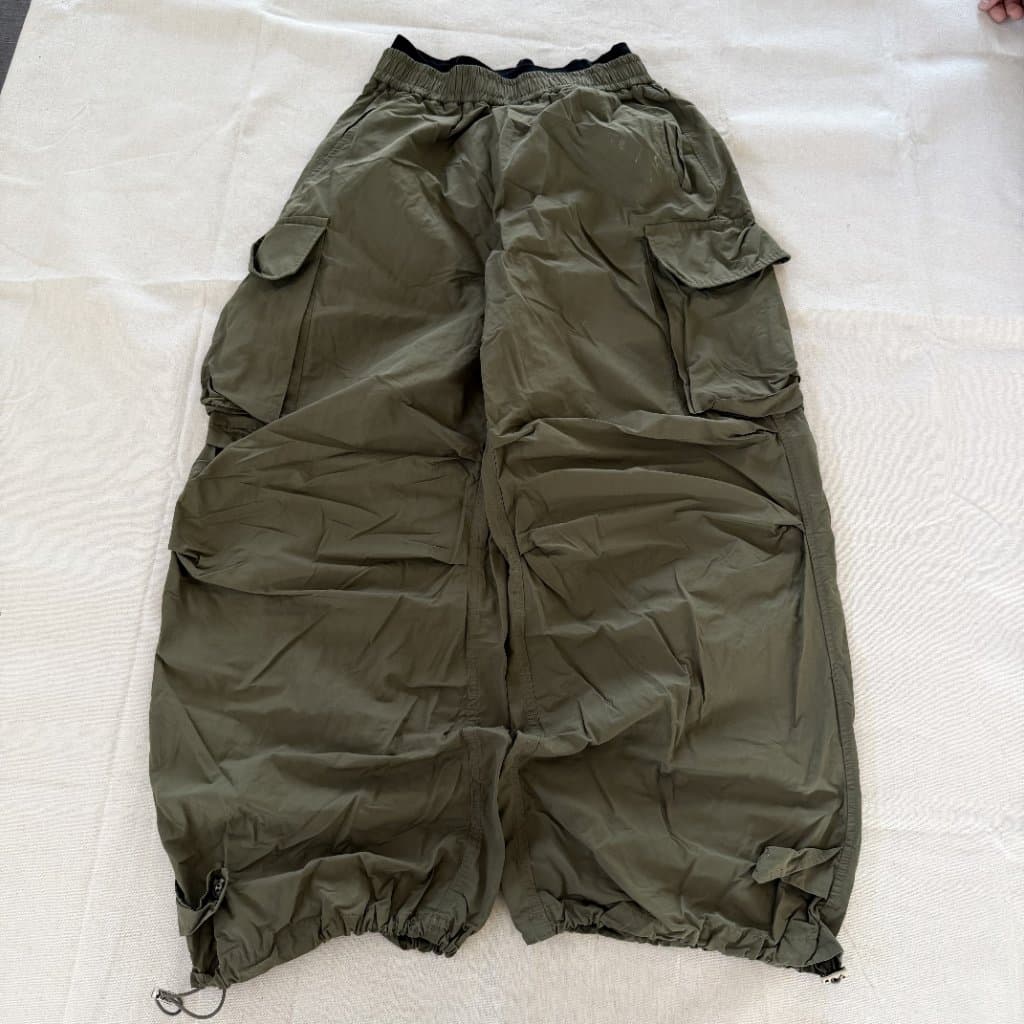 Vintage Olive Green Parachute Cargo Pants With Drawstring Hem — photo 1 of 10