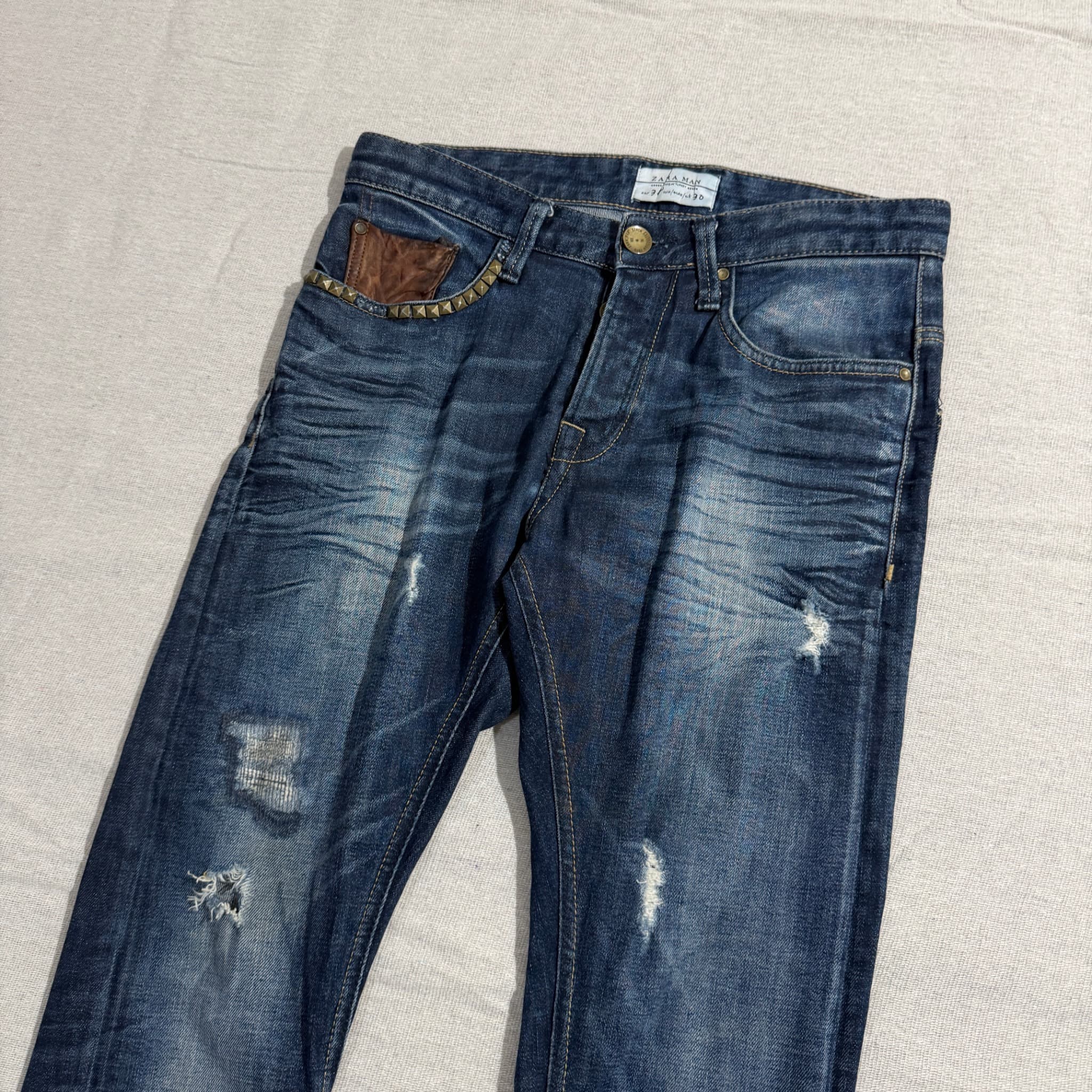 ZARA MAN Man Distressed Slim Fit Jeans Blue Studded Pocket Detail Size 38 — photo 2 of 9