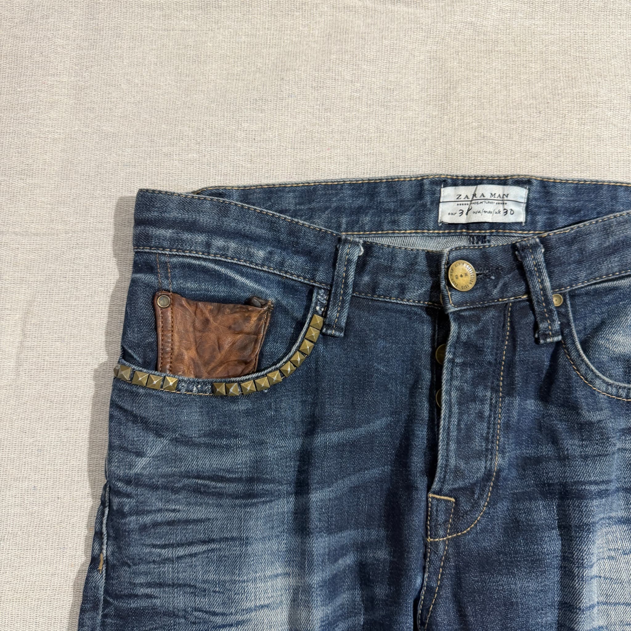 ZARA MAN Man Distressed Slim Fit Jeans Blue Studded Pocket Detail Size 38 — photo 5 of 9