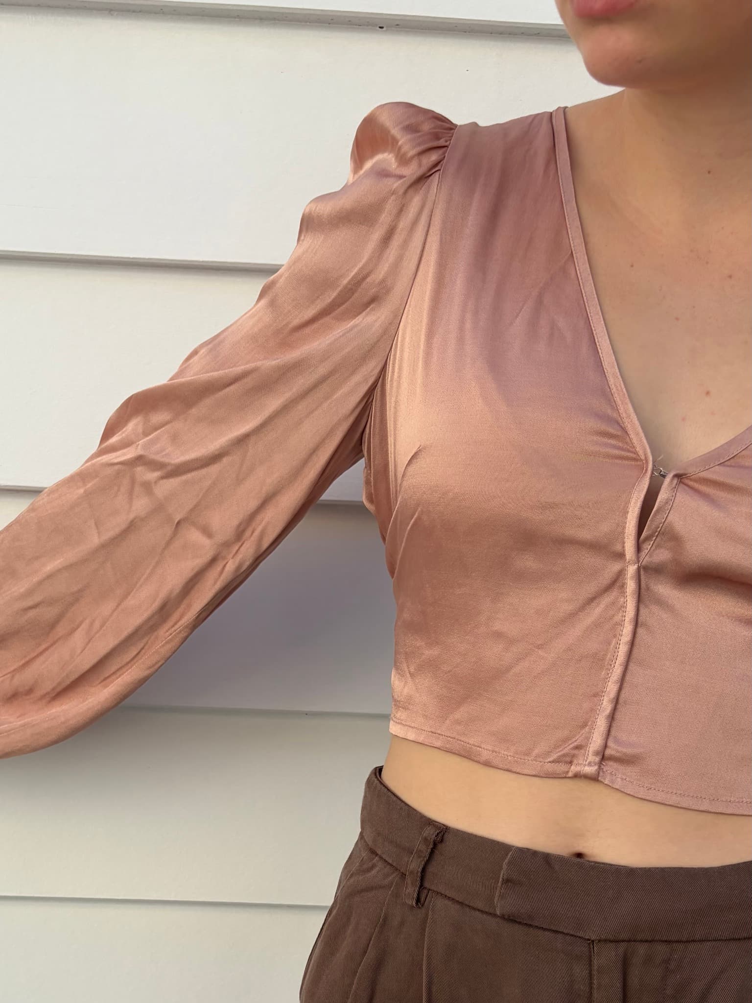 Alice McCall Satin V-Neck Long Sleeve Tie Back Crop Top — photo 2 of 5