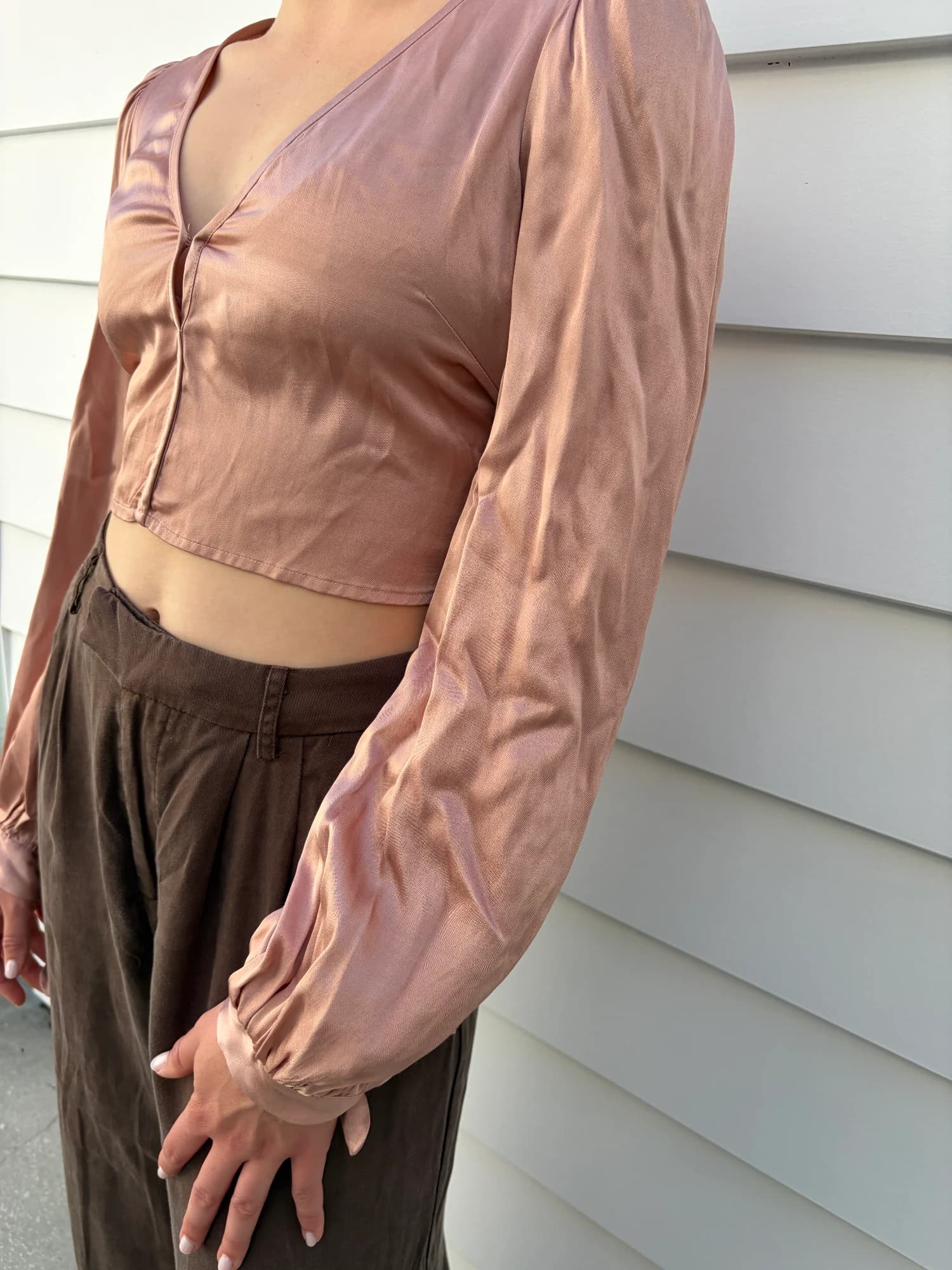Alice McCall Satin V-Neck Long Sleeve Tie Back Crop Top — photo 3 of 5