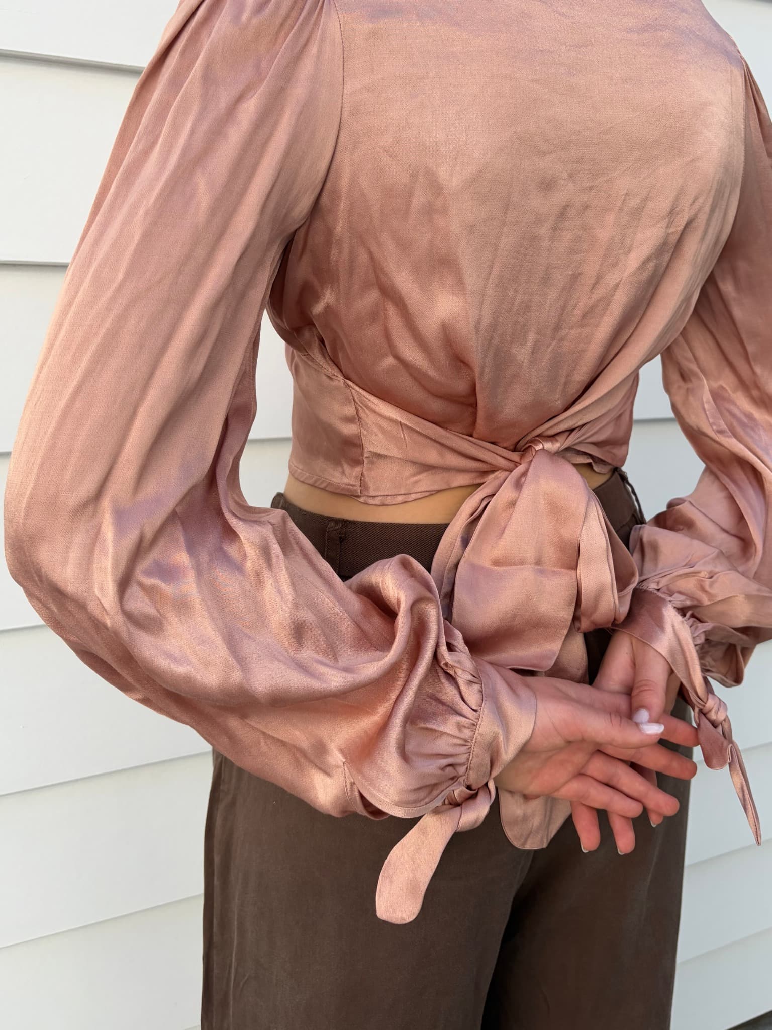 Alice McCall Satin V-Neck Long Sleeve Tie Back Crop Top — photo 5 of 5