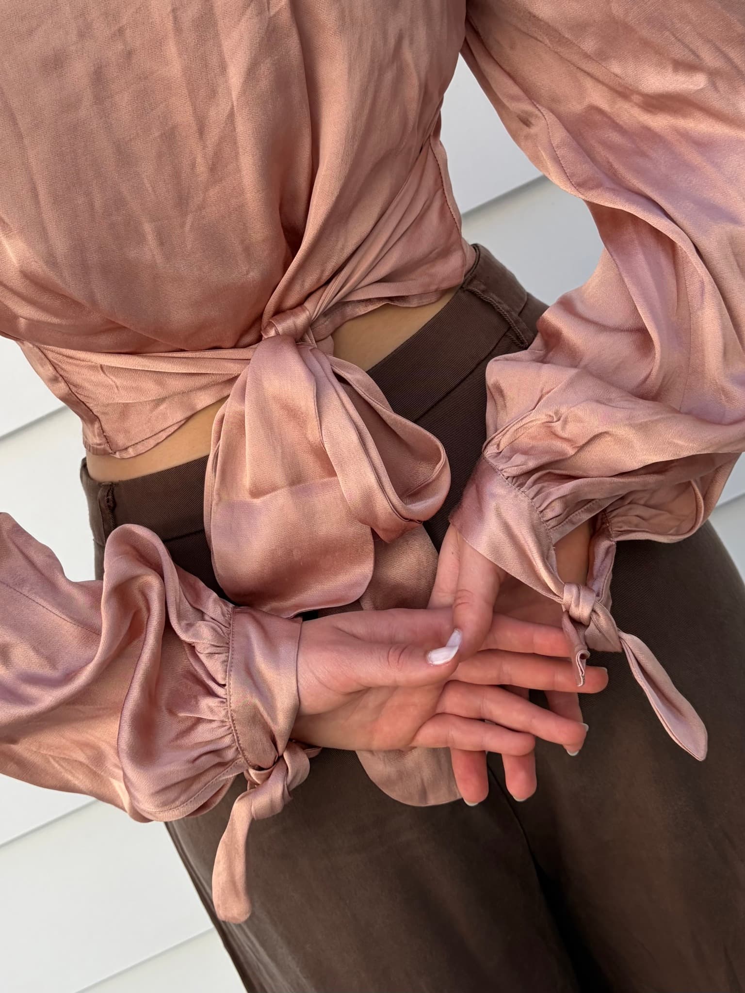 Alice McCall Satin V-Neck Long Sleeve Tie Back Crop Top — photo 1 of 5