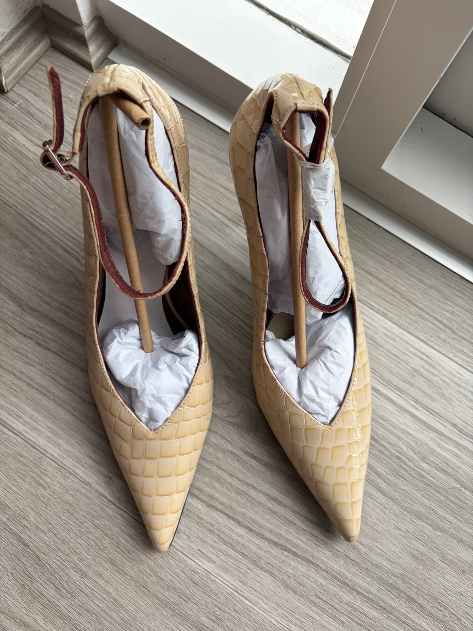 Beige Faux Crocodile Embossed Pointed Toe Ankle Strap Heels — photo 1 of 4