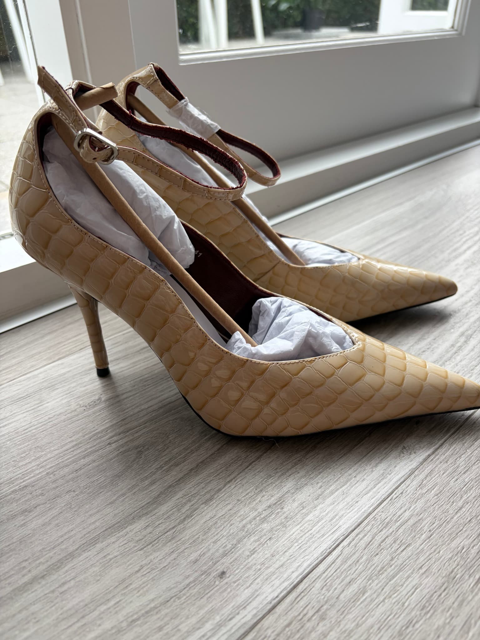 Beige Faux Crocodile Embossed Pointed Toe Ankle Strap Heels — photo 2 of 4