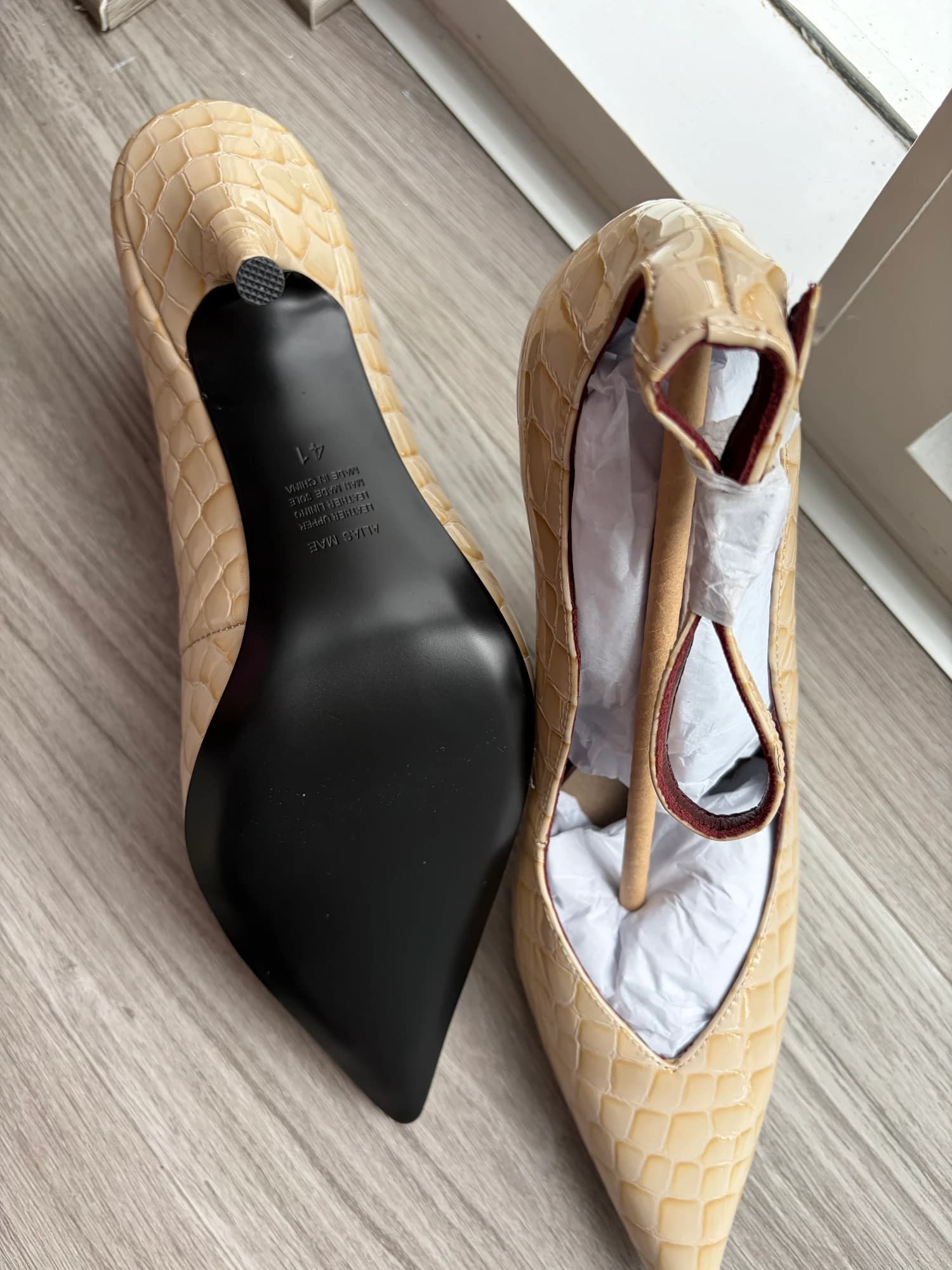 Beige Faux Crocodile Embossed Pointed Toe Ankle Strap Heels — photo 3 of 4