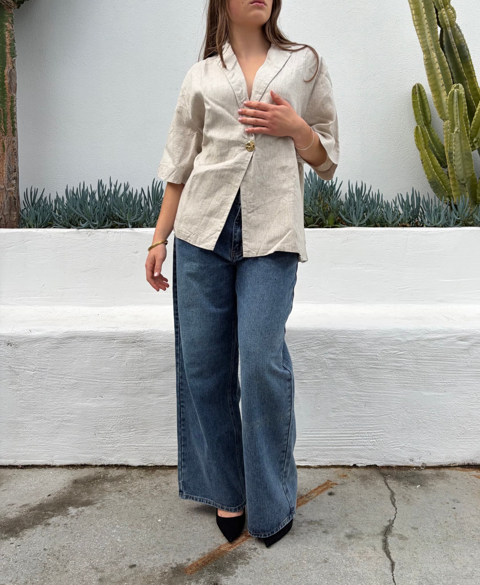 Beige Linen Blend Short Sleeve Blazer — photo 2 of 4