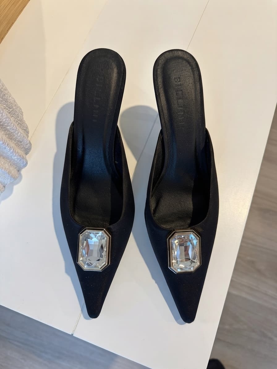 Billini Black Satin Crystal Embellished Pointed Toe Mules