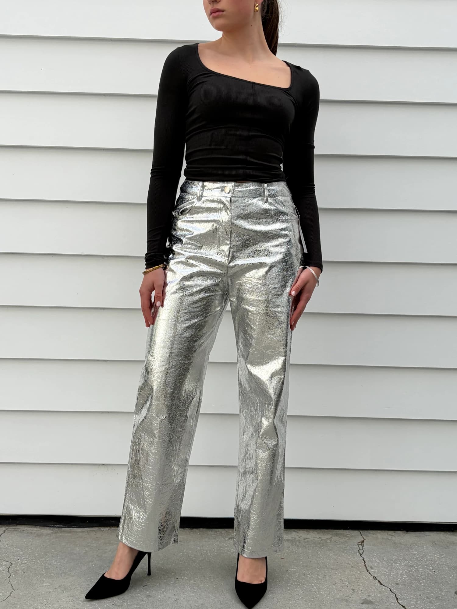 Black Ribbed Square Neck Long Sleeve Top — photo 1 of 4