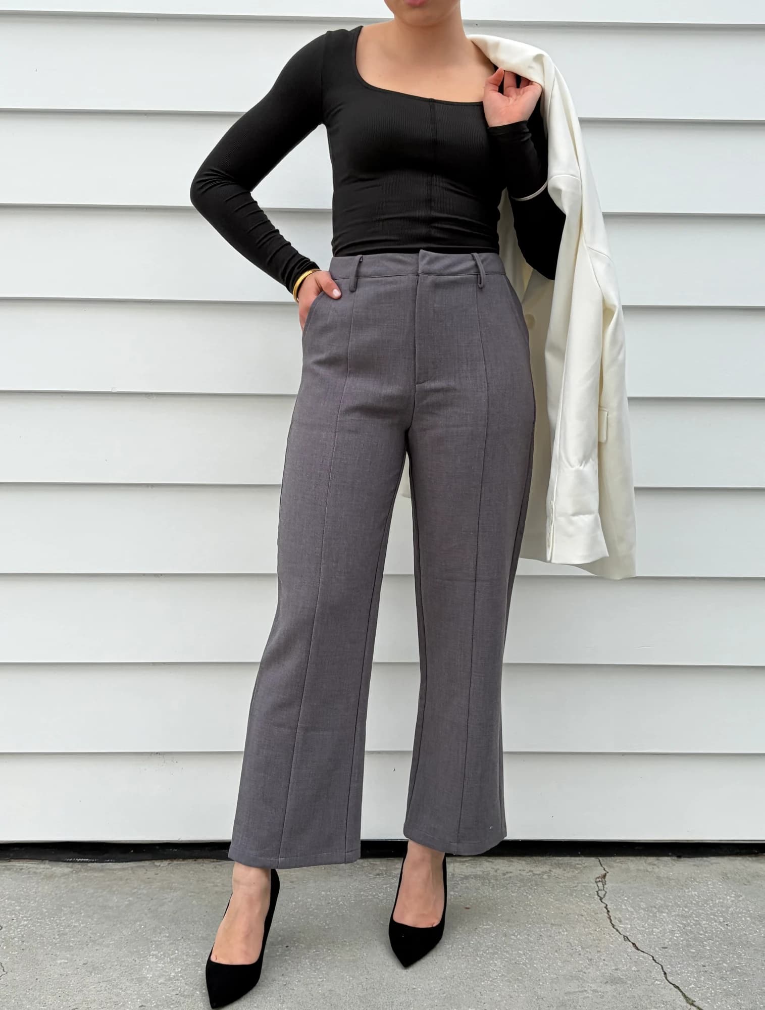 Black Ribbed Square Neck Long Sleeve Top — photo 2 of 4