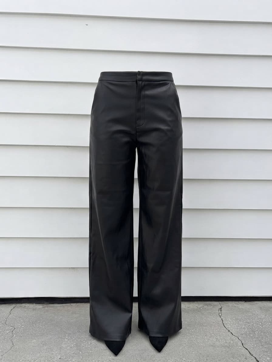 Charcoal Black Faux Leather Wide Leg Trousers — photo 3 of 7
