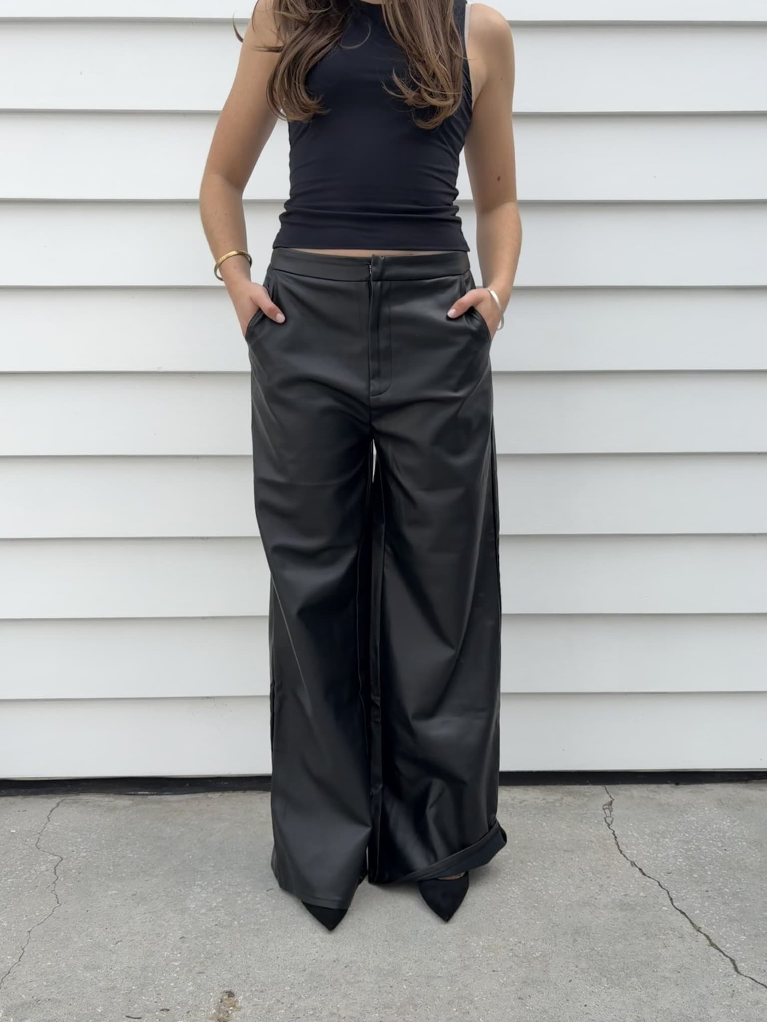 Charcoal Black Faux Leather Wide Leg Trousers — photo 1 of 7
