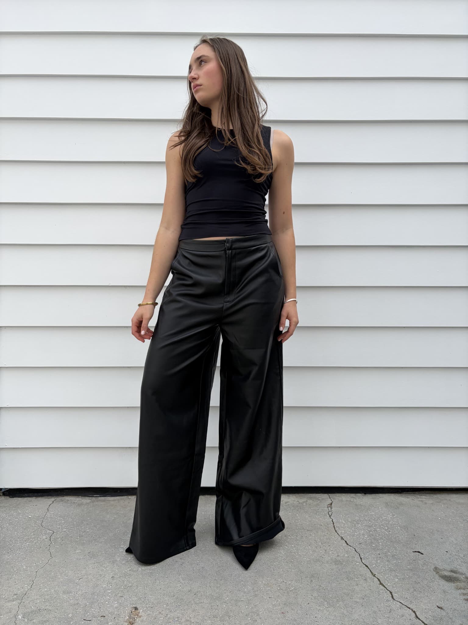 Charcoal Black Faux Leather Wide Leg Trousers — photo 2 of 7