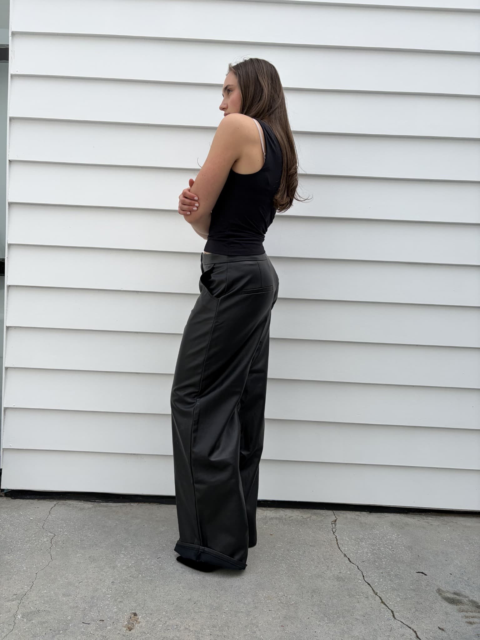 Charcoal Black Faux Leather Wide Leg Trousers — photo 4 of 7