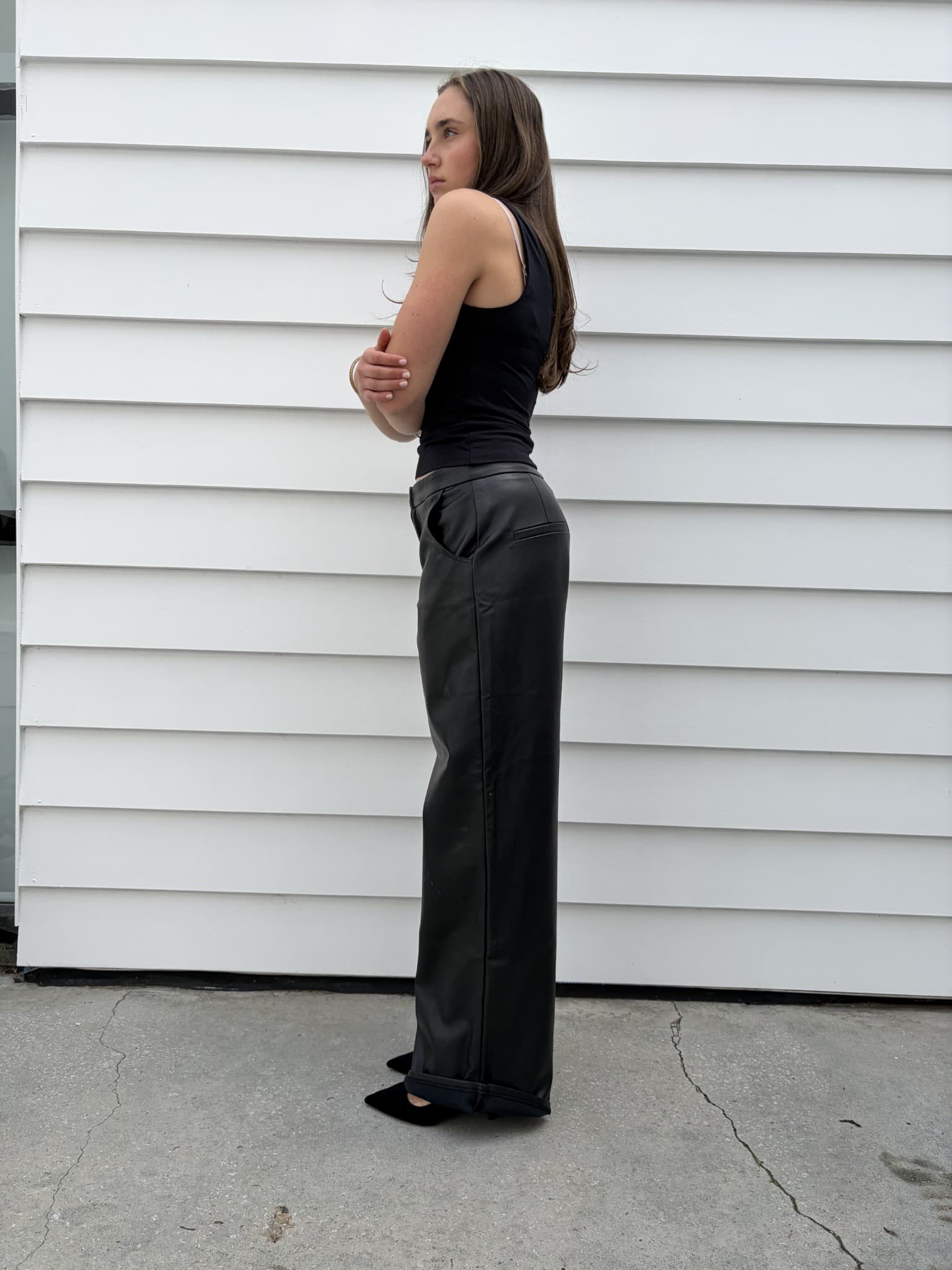 Charcoal Black Faux Leather Wide Leg Trousers — photo 5 of 7