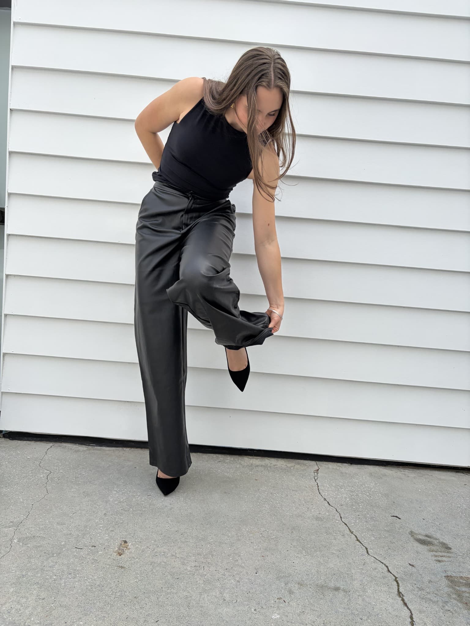 Charcoal Black Faux Leather Wide Leg Trousers — photo 6 of 7