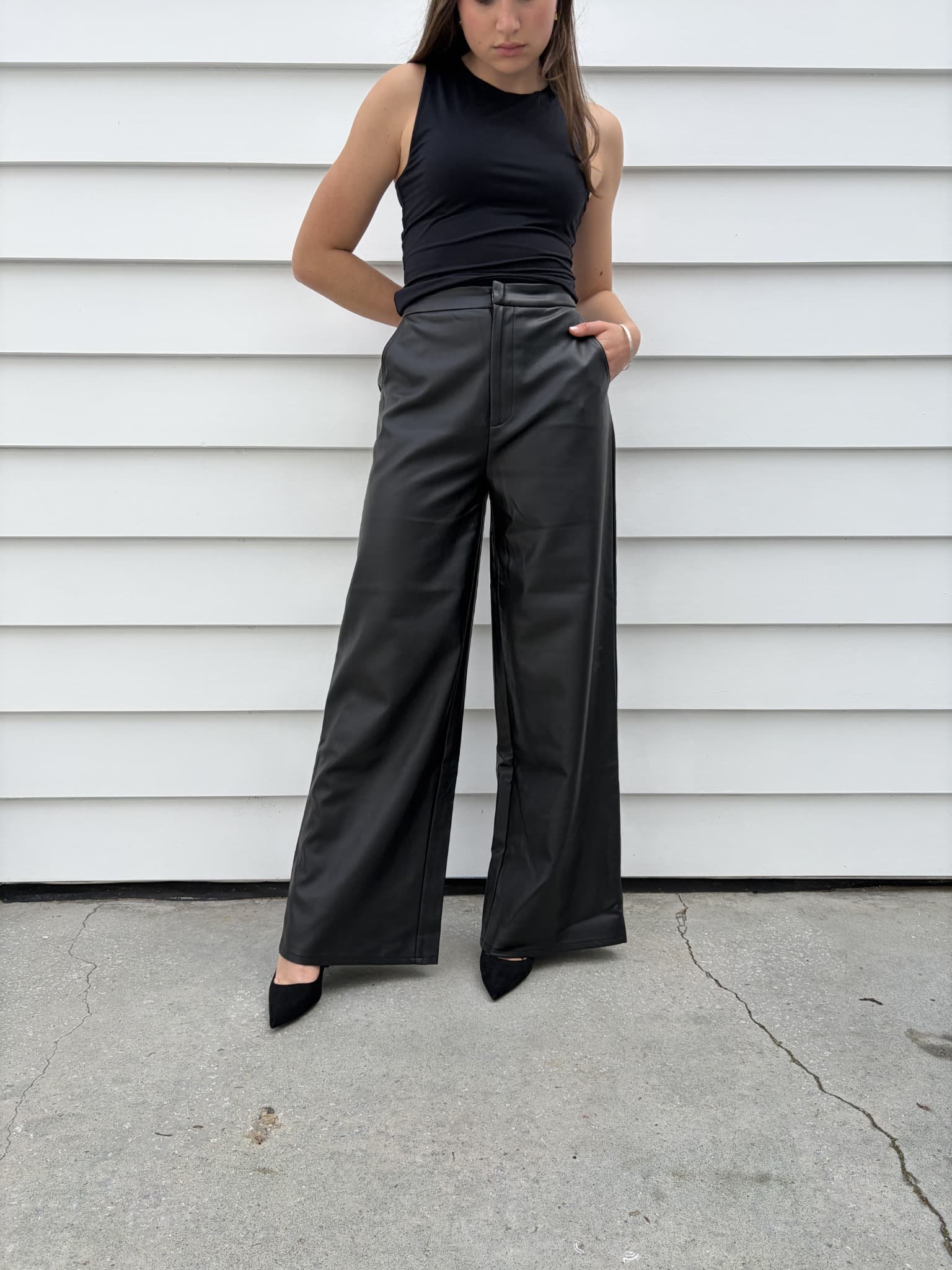 Charcoal Black Faux Leather Wide Leg Trousers — photo 7 of 7