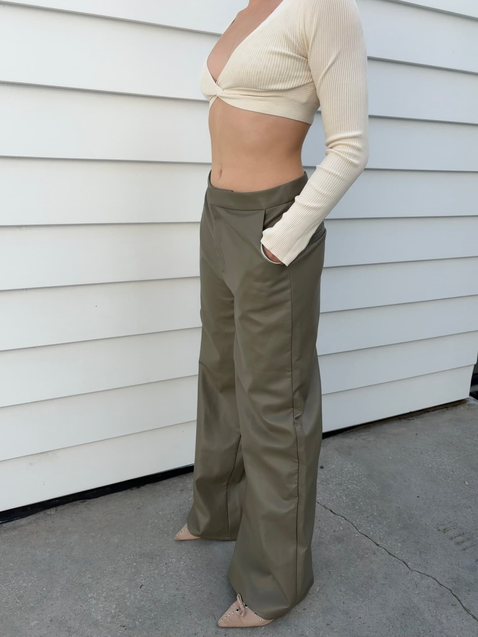 Charcoal Olive Green Faux Leather Wide Leg Trousers — photo 2 of 5