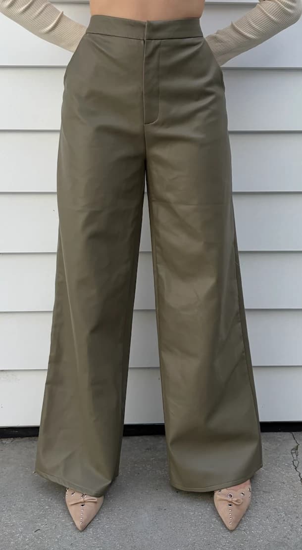 Charcoal Olive Green Faux Leather Wide Leg Trousers — photo 5 of 5
