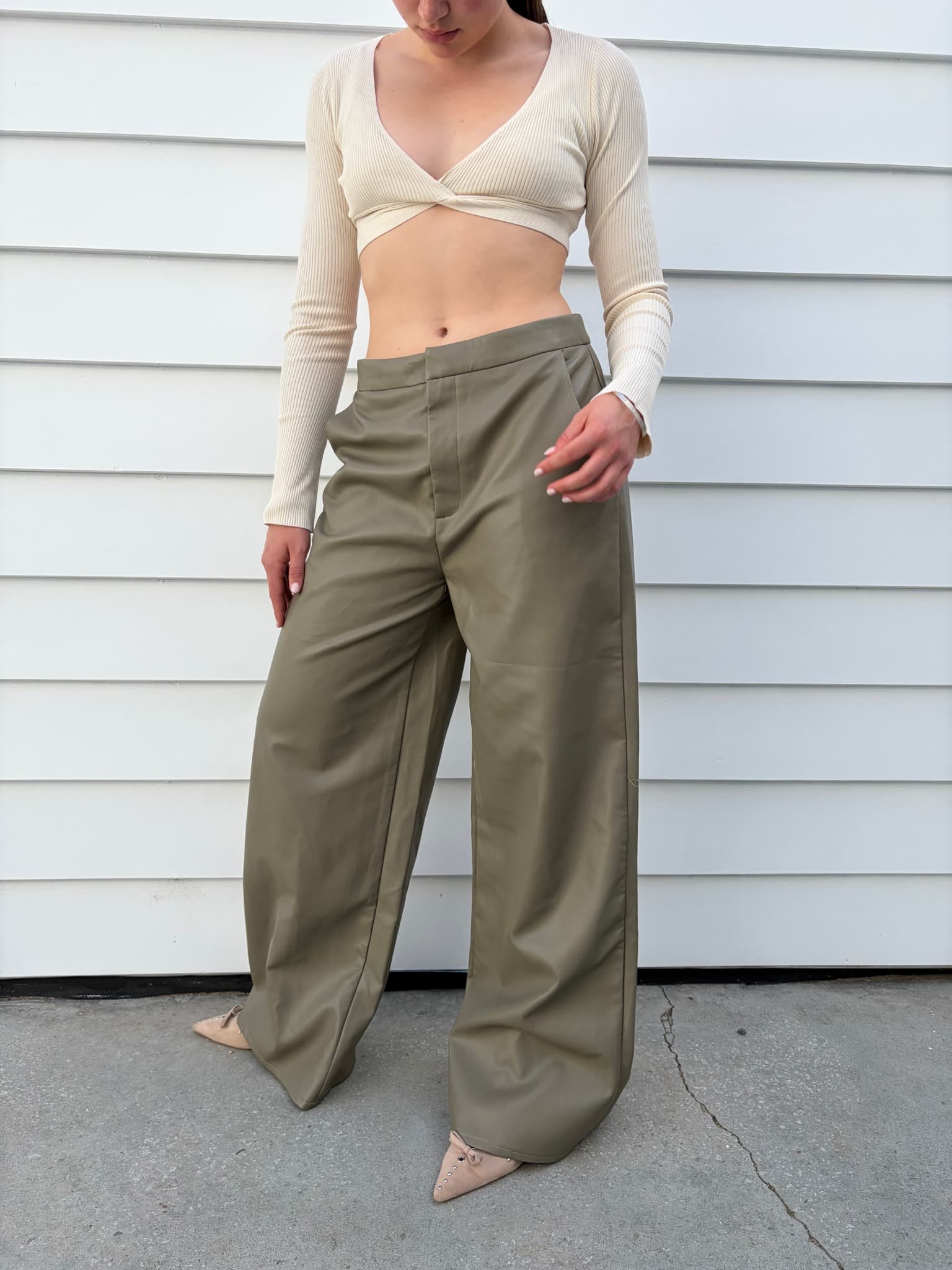 Charcoal Olive Green Faux Leather Wide Leg Trousers — photo 3 of 5