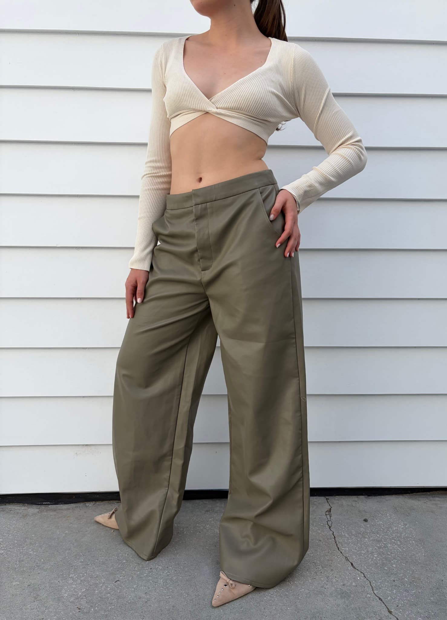 Charcoal Olive Green Faux Leather Wide Leg Trousers — photo 4 of 5