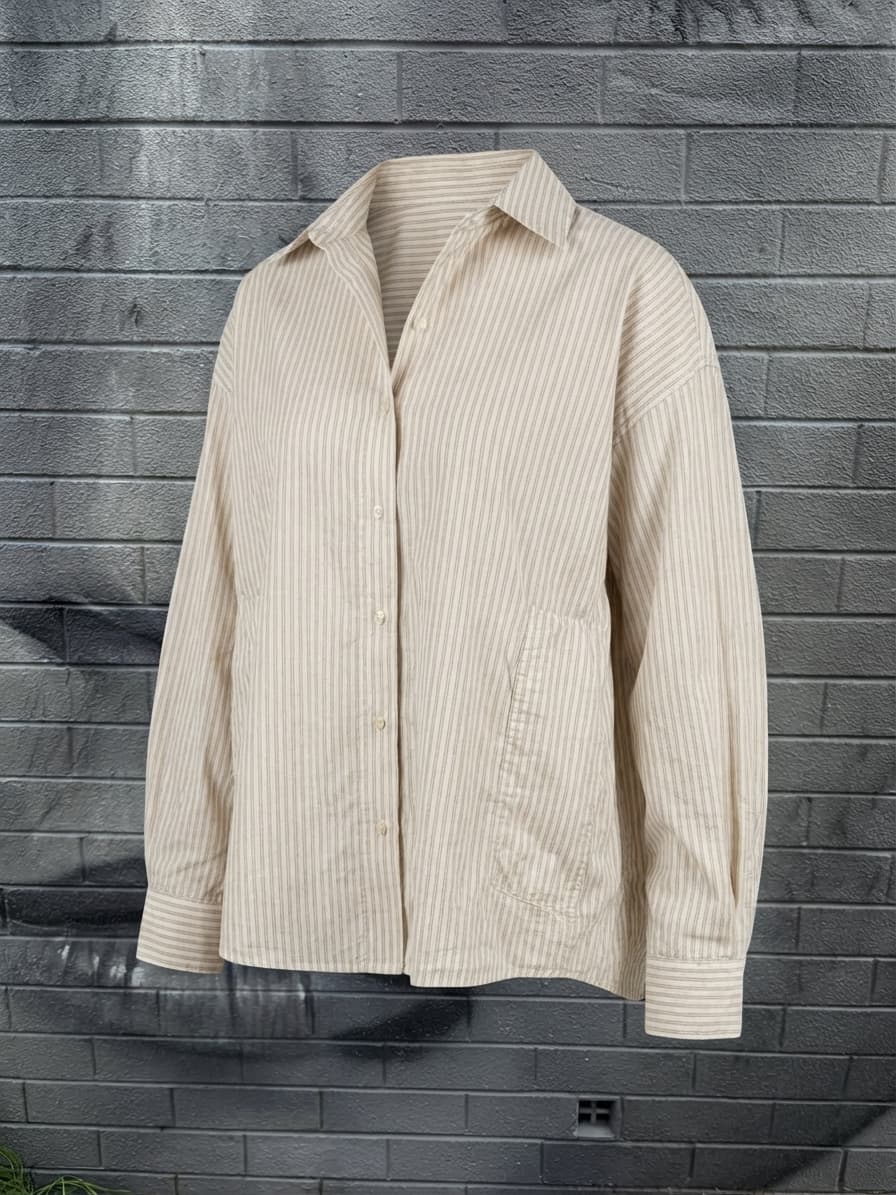 Deiji Studios Oversized Cream Striped Button-Down Shirt — photo 2 of 5