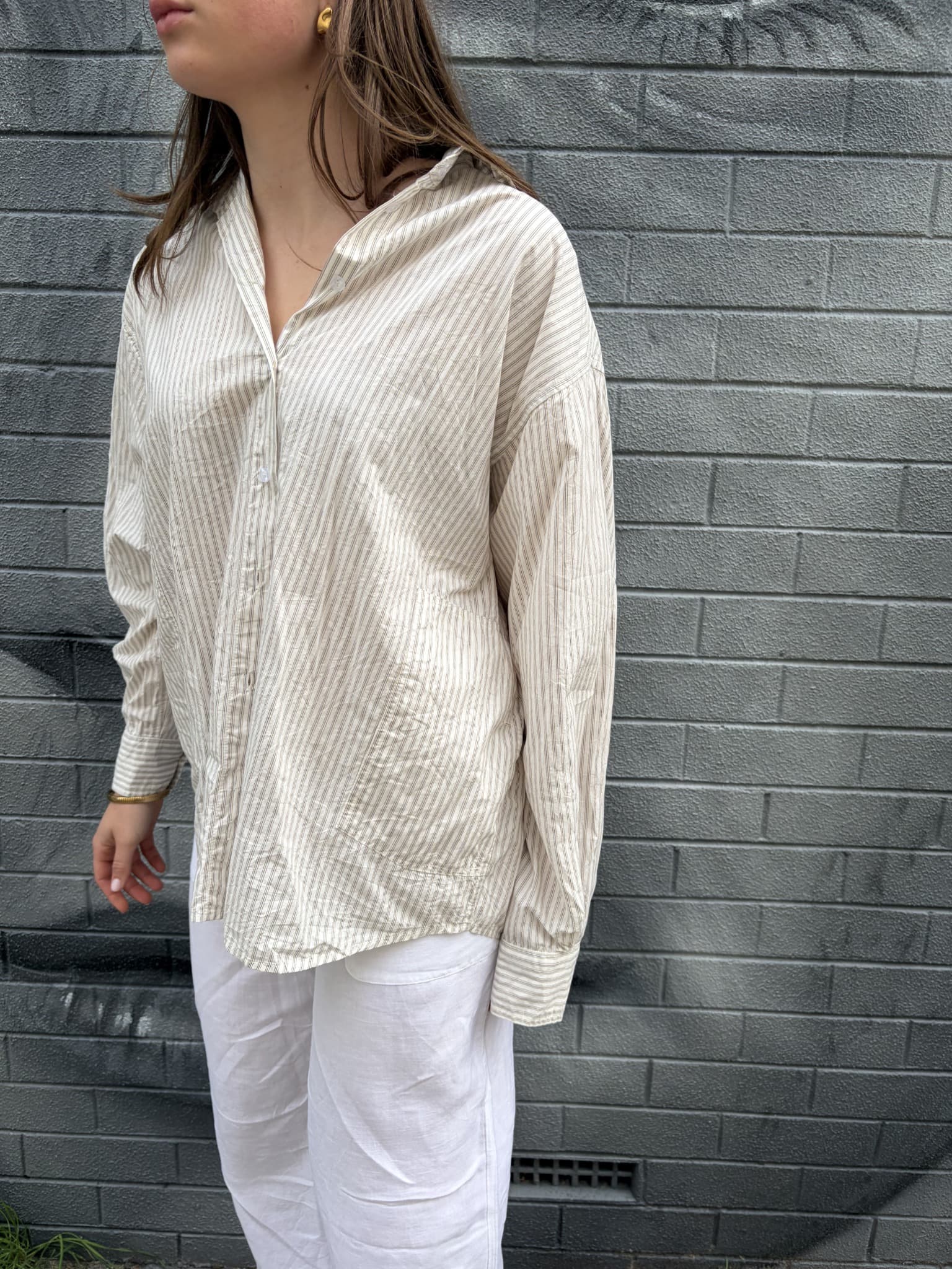 Deiji Studios Oversized Cream Striped Button-Down Shirt — photo 3 of 5