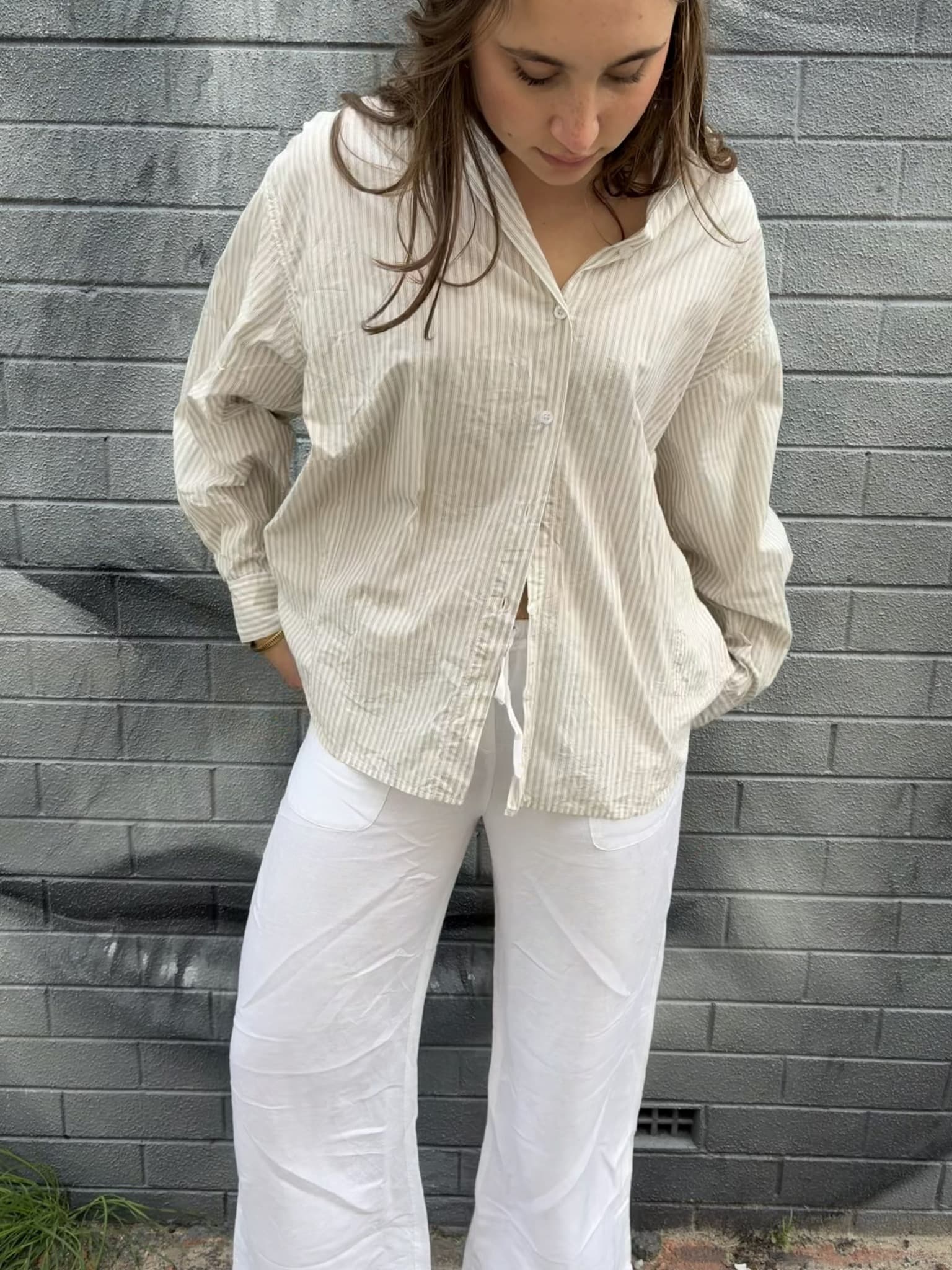 Deiji Studios Oversized Cream Striped Button-Down Shirt — photo 4 of 5