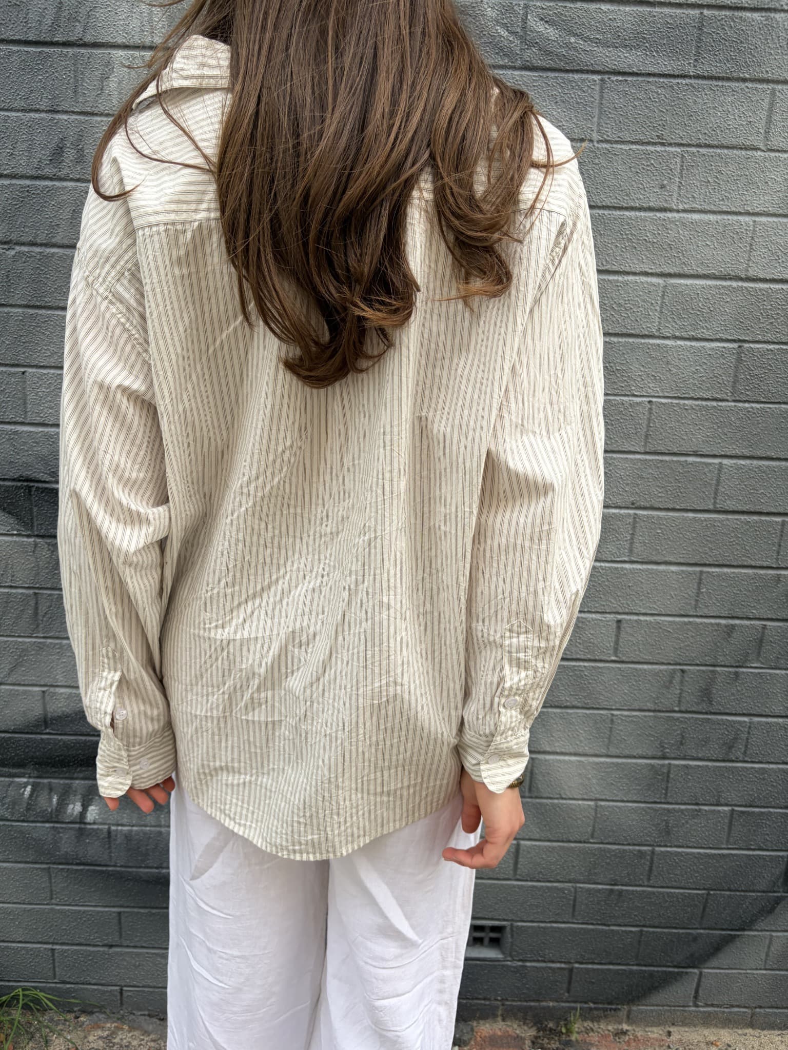 Deiji Studios Oversized Cream Striped Button-Down Shirt — photo 5 of 5