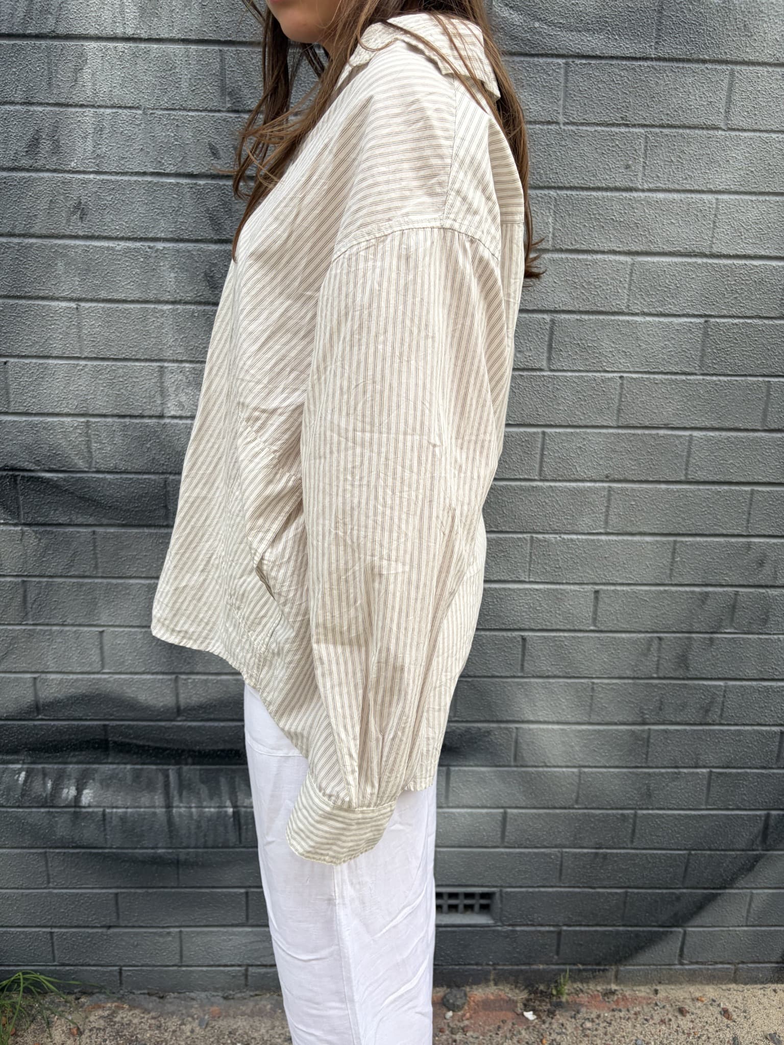 Deiji Studios Oversized Cream Striped Button-Down Shirt — photo 1 of 5
