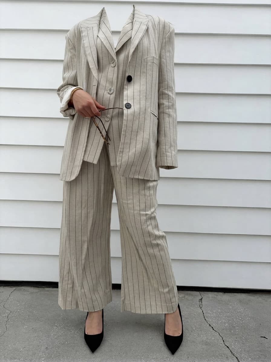 Dissh Pinstripe Linen Blend Blazer and Wide Leg Trouser Set — photo 3 of 8