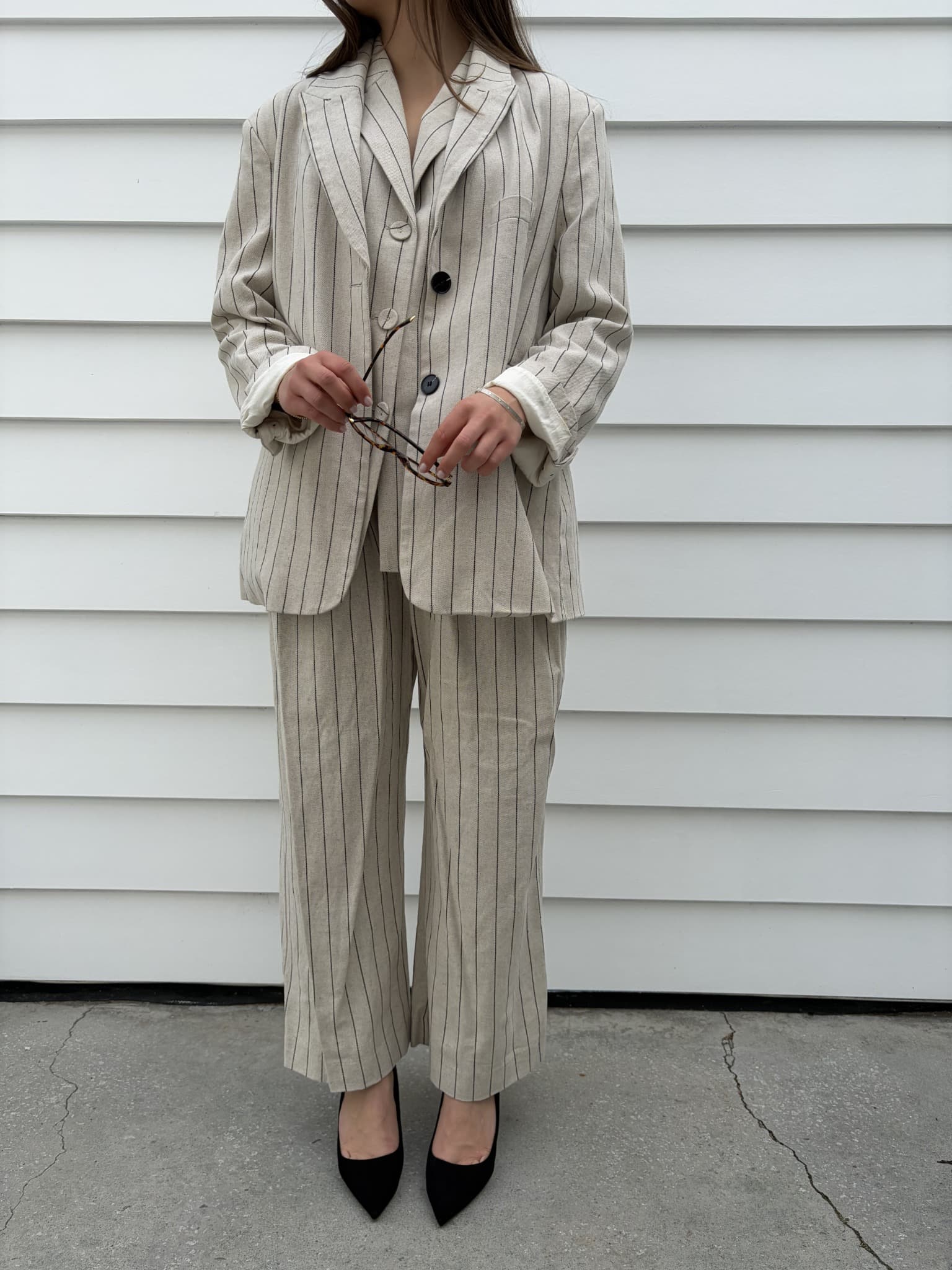 Dissh Pinstripe Linen Blend Blazer and Wide Leg Trouser Set — photo 6 of 8