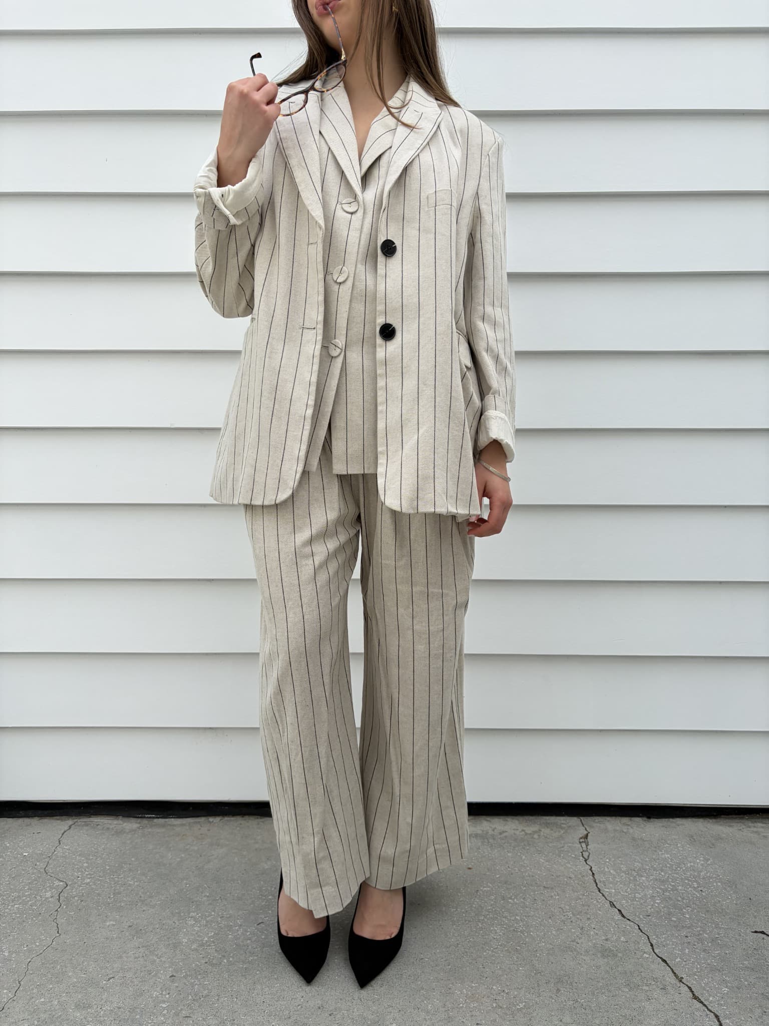 Dissh Pinstripe Linen Blend Blazer and Wide Leg Trouser Set — photo 7 of 8