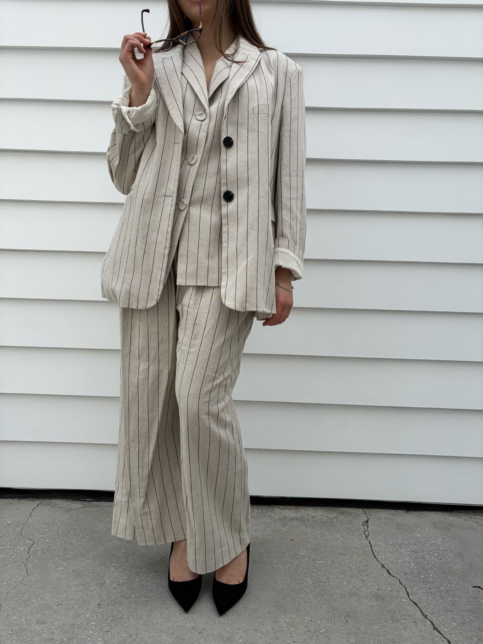 Dissh Pinstripe Linen Blend Blazer and Wide Leg Trouser Set — photo 1 of 8