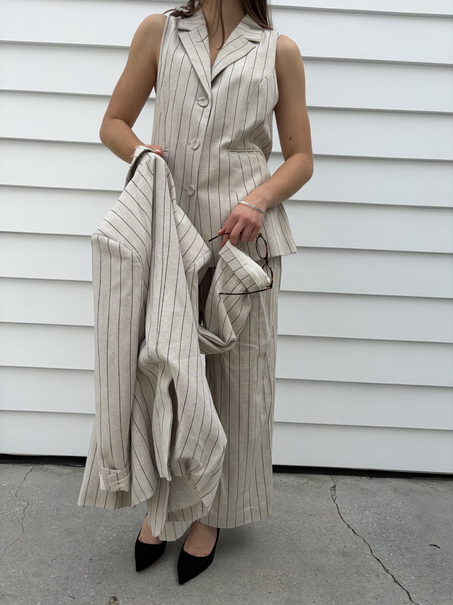 Dissh Pinstripe Linen Blend Blazer and Wide Leg Trouser Set — photo 2 of 8