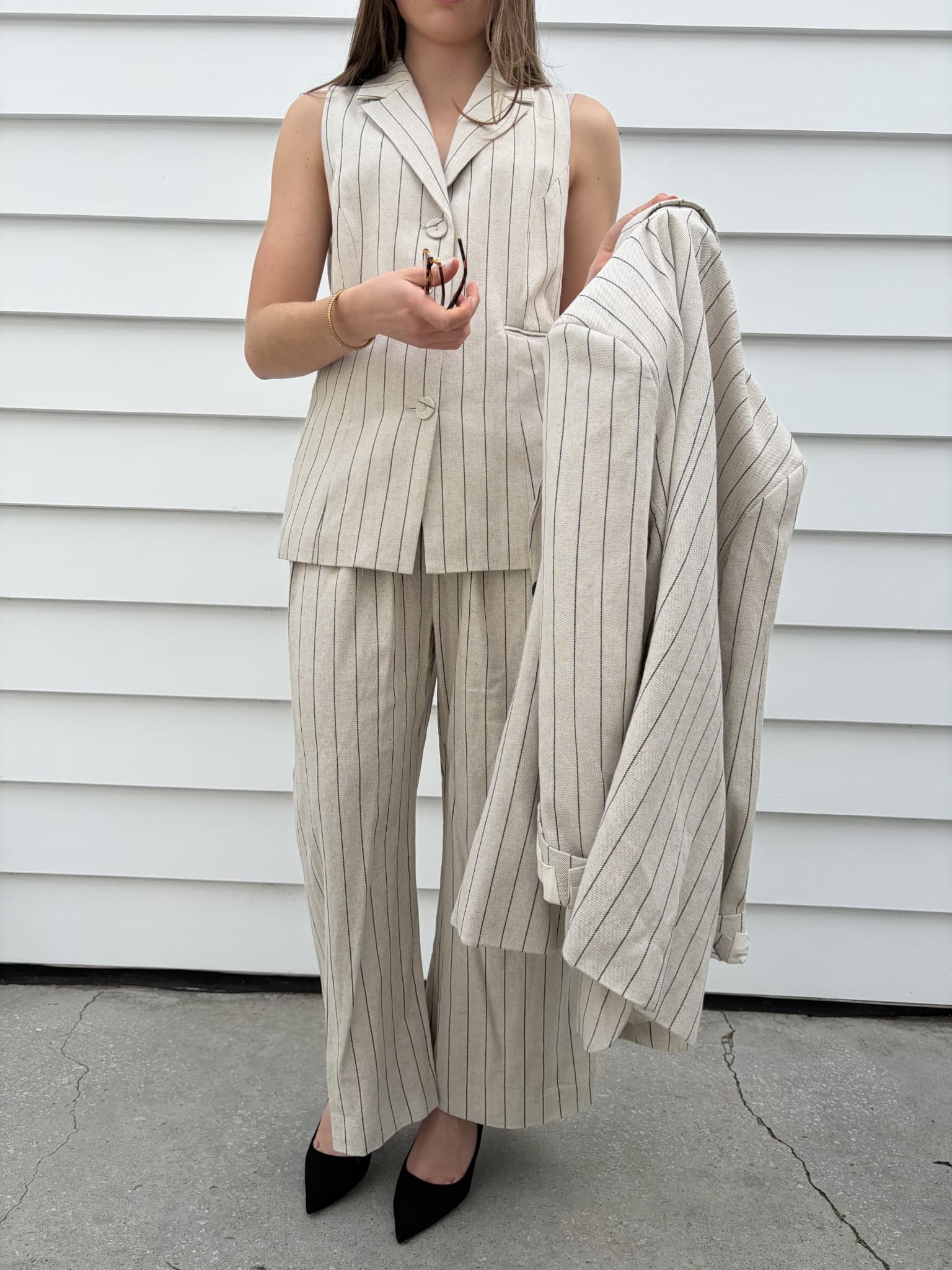 Dissh Pinstripe Linen Blend Blazer and Wide Leg Trouser Set — photo 4 of 8