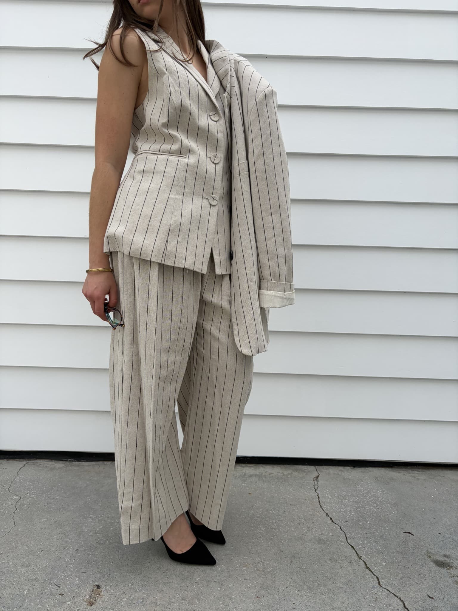 Dissh Pinstripe Linen Blend Blazer and Wide Leg Trouser Set — photo 5 of 8