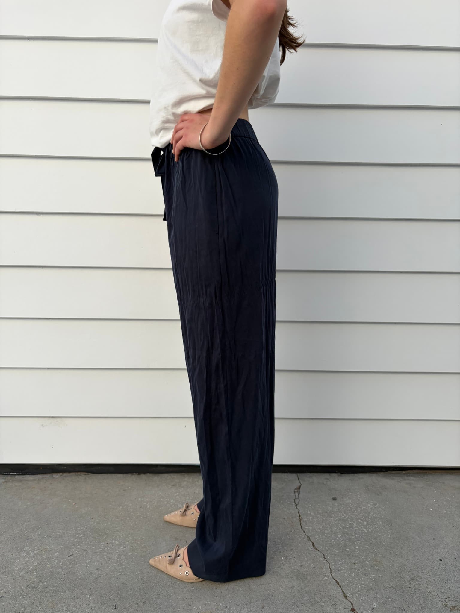 Henne Navy Blue Wide Leg Elastic Waist Trousers — photo 2 of 4