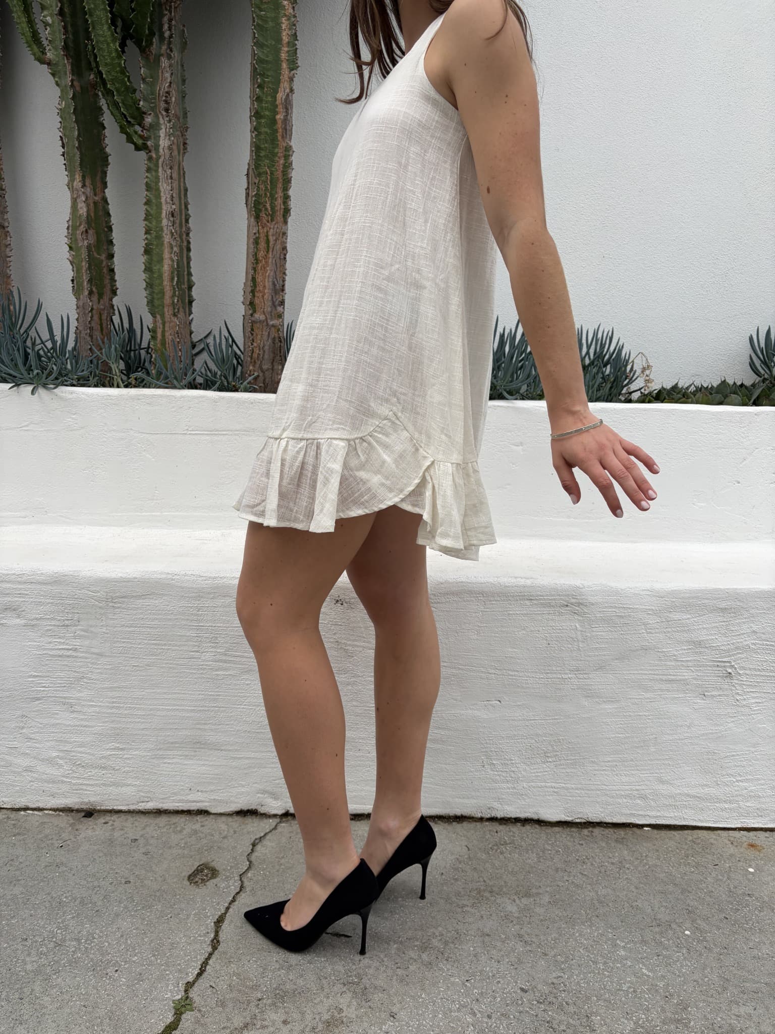 Indikah White Linen Blend Ruffle Hem Mini Dress — photo 1 of 3