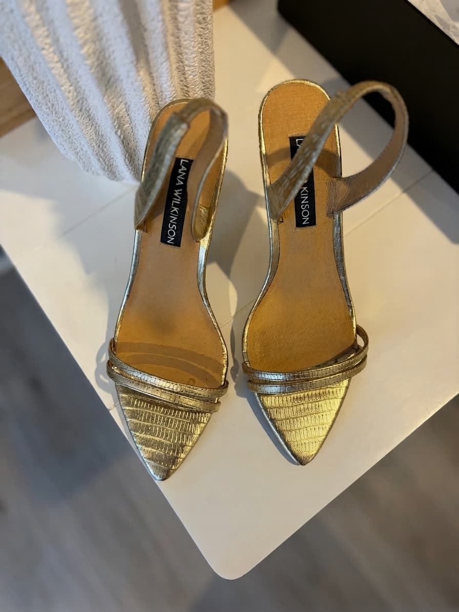 Lana Wilkinson Gold Metallic Pointed Toe Slingback Heels