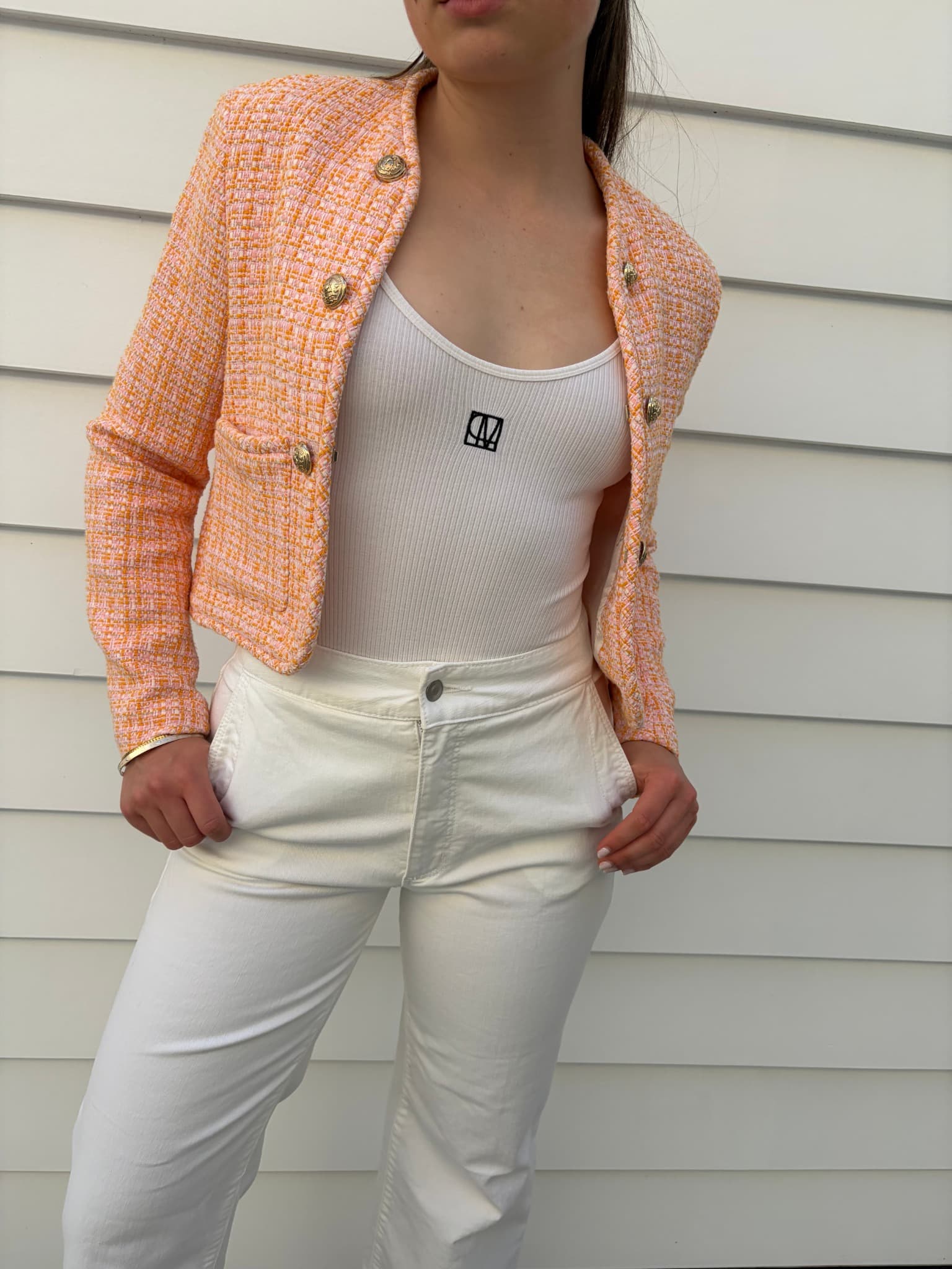 Maje Orange Tweed Cropped Jacket With Gold Buttons — photo 1 of 3