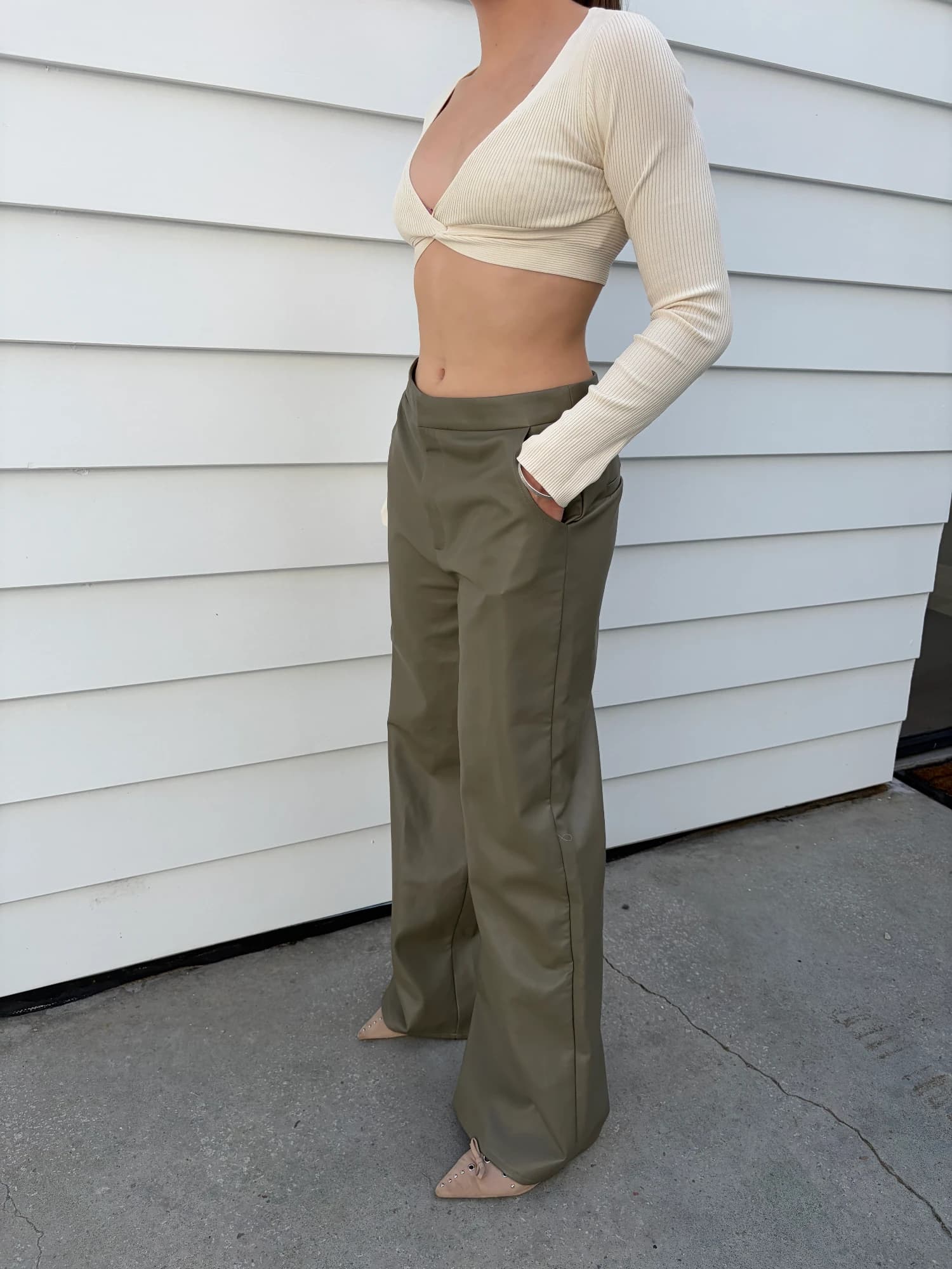 Meshki Ribbed Long Sleeve Twist Front Crop Top Cream — photo 1 of 4