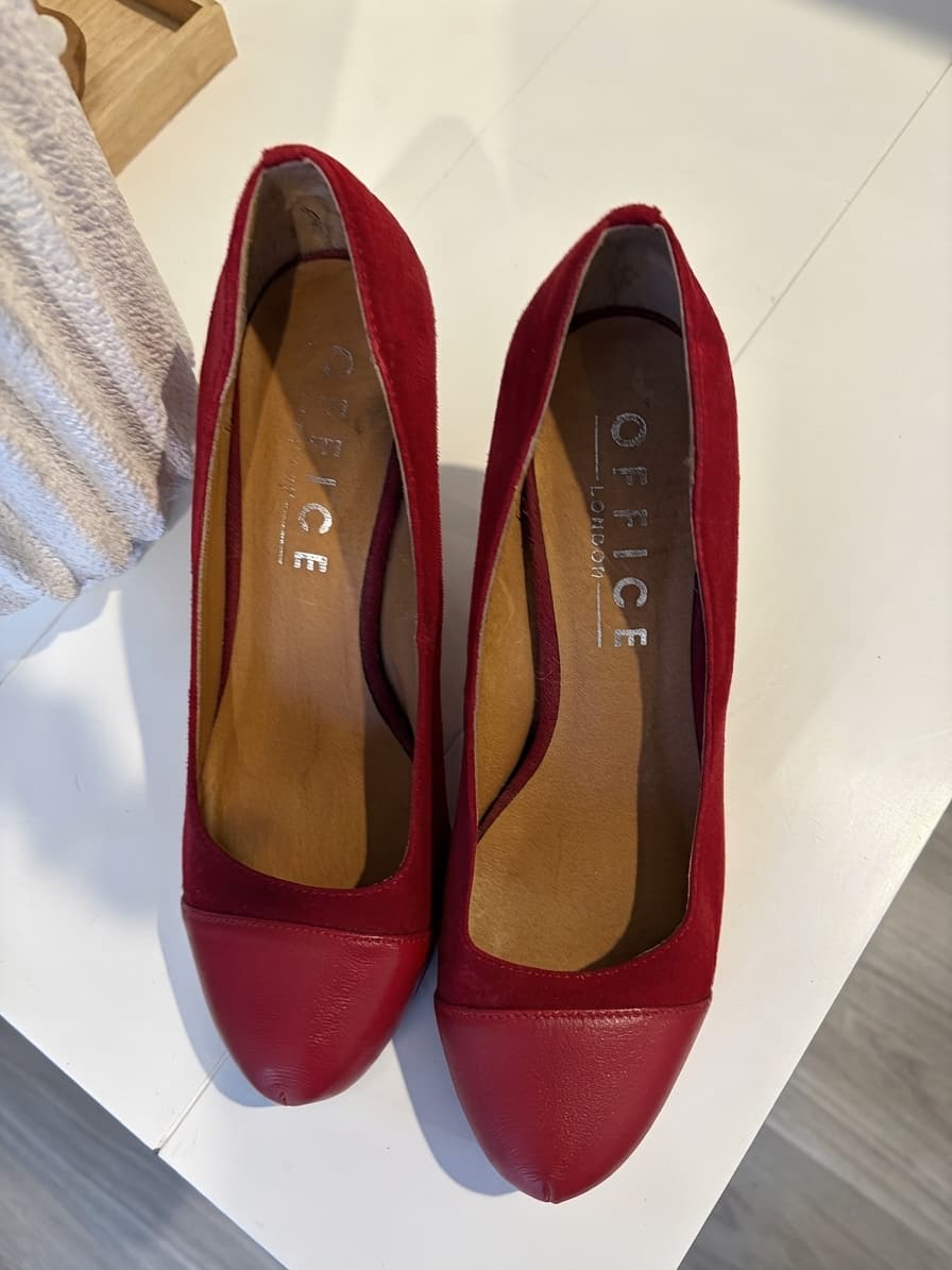 Office London Red Suede And Leather Cap Toe Pumps