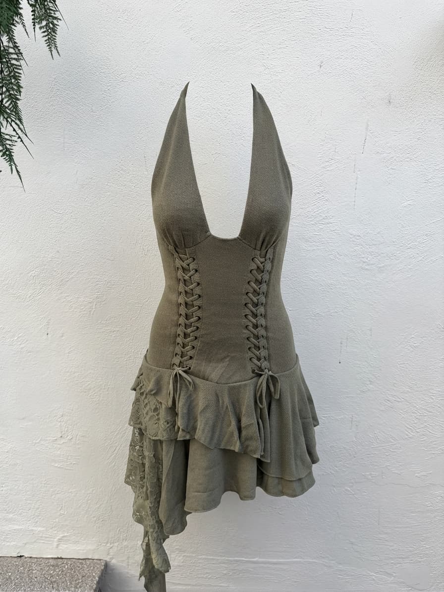 Outcast Olive Green Corset Knit Mini Dress — photo 1 of 3