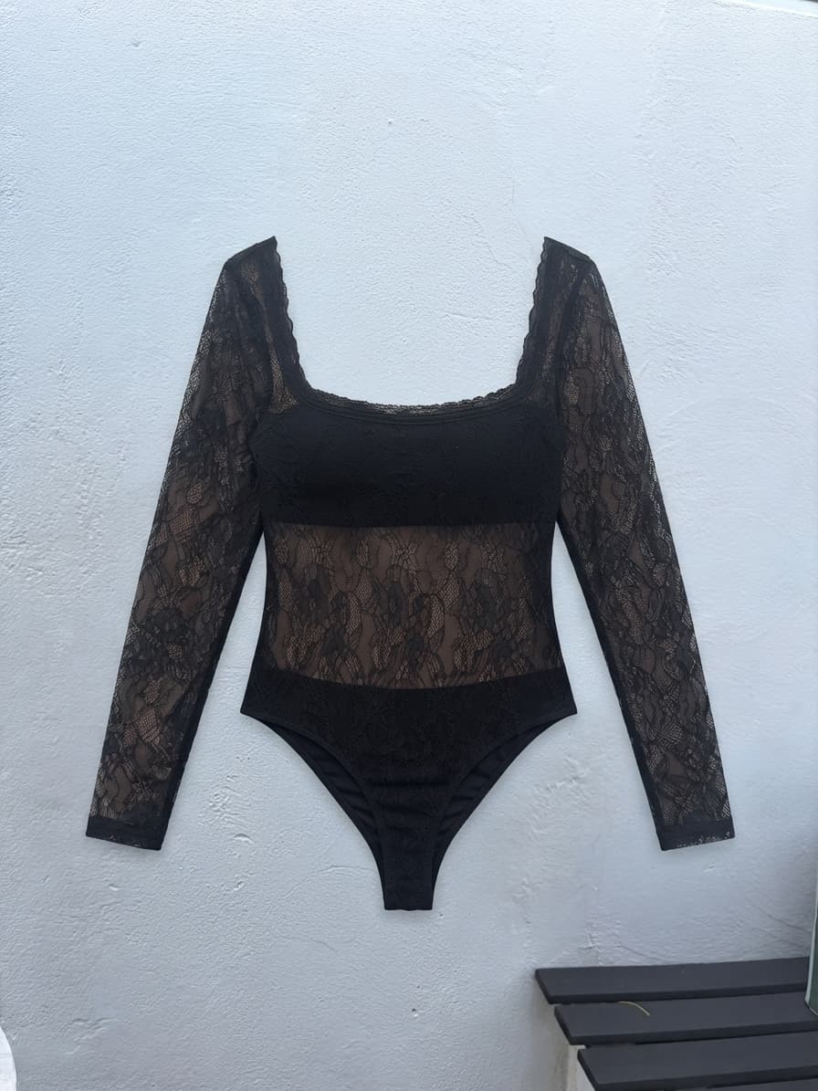 Showpo Cynthia black Lace Long Sleeve Square Neck Bodysuit — photo 2 of 5