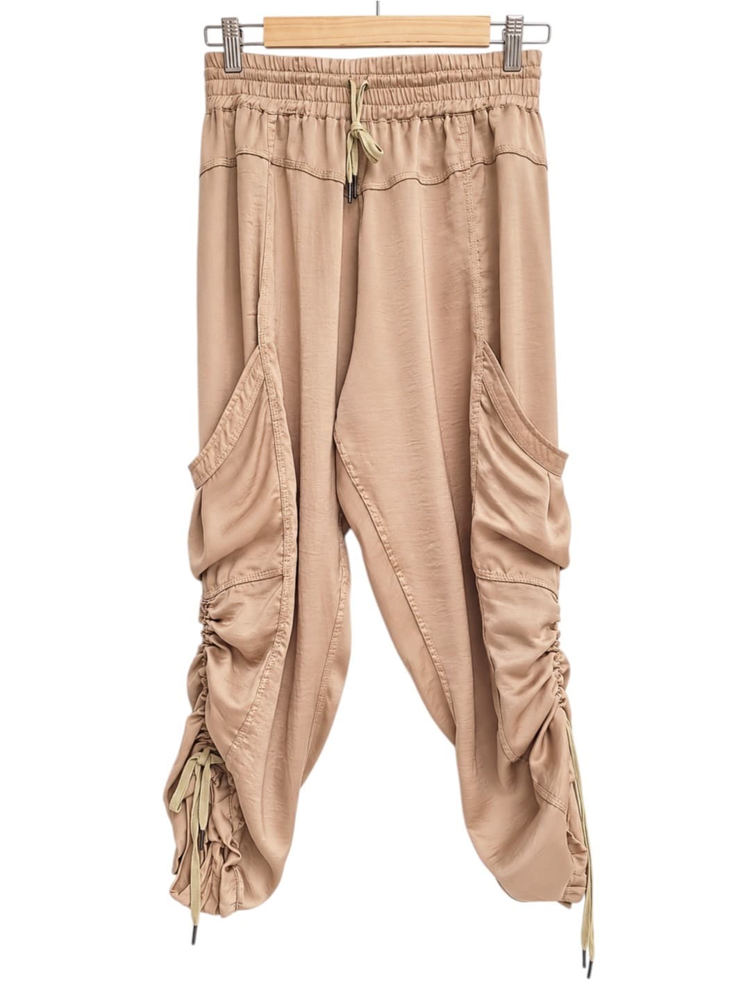 365 DAYS Beige Satin Cargo Pants Ruched Drawstring Hem Size S — photo 1 of 6