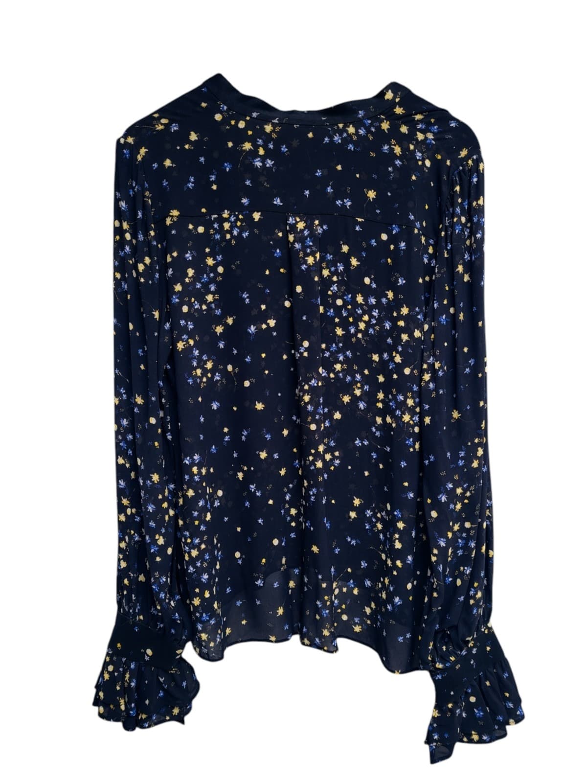 AJE Navy Floral Print Ruffle Neck Long Sleeve Blouse Size 12 — photo 3 of 9