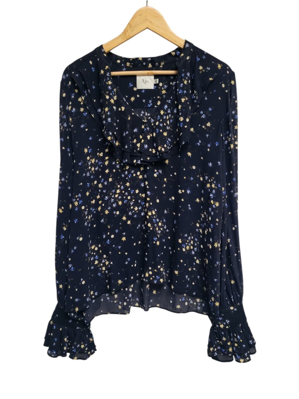 AJE Navy Floral Print Ruffle Neck Long Sleeve Blouse Size 12 — photo 1 of 9