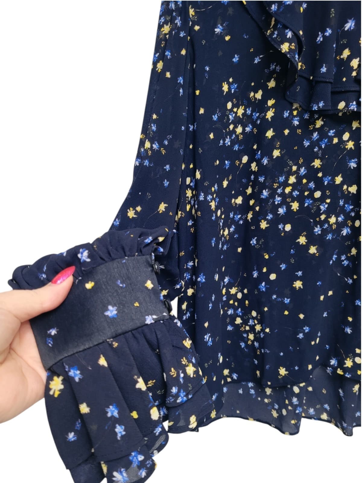 AJE Navy Floral Print Ruffle Neck Long Sleeve Blouse Size 12 — photo 5 of 9